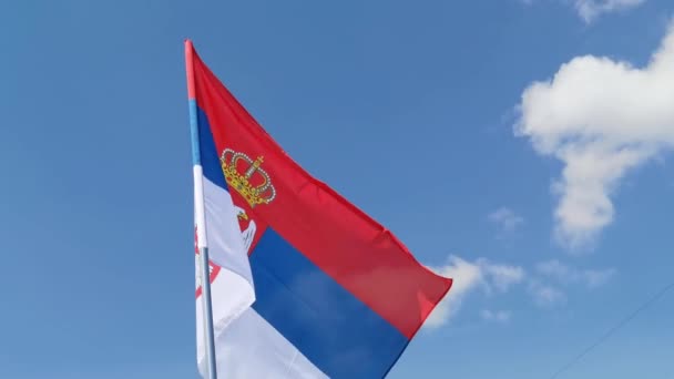 Národní vlajka země na pozadí modré oblohy. Symbol létající látky — Stock video