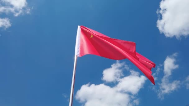 Mavi gökyüzü arka planında ulusal ülke bayrağı. Uçan kumaş sembolü — Stok video