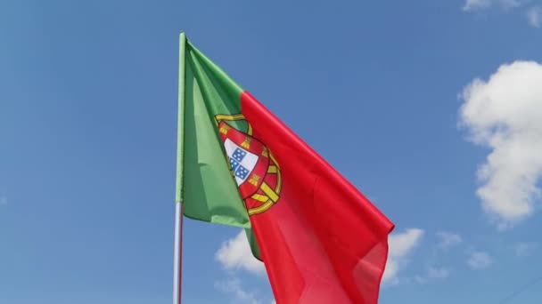 Bandeira nacional do país no fundo do céu azul. Símbolo de tecido voador — Vídeo de Stock