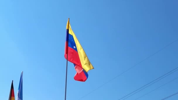 Bandeira nacional do país no fundo do céu azul. Símbolo de tecido voador — Vídeo de Stock