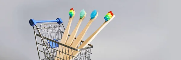 Set Ökologie-Zahnbürste auf grauem Hintergrund. Verschiedene Farben. Diversitätskonzept — Stockfoto