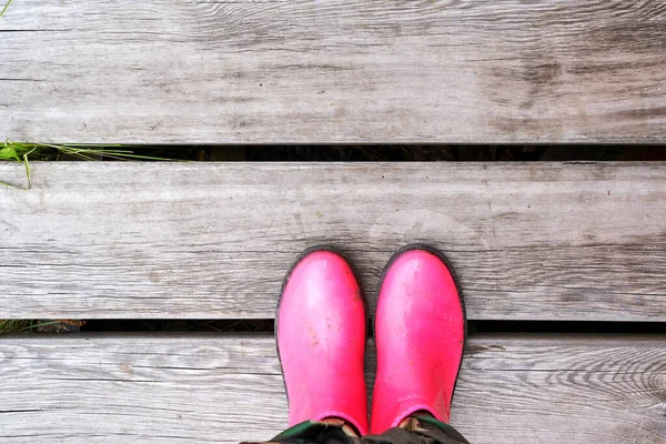 Uma poça cor de rosa. Chuva botas brilhantes. Sapatos de segurança sujos. Tempo de verão — Fotografia de Stock