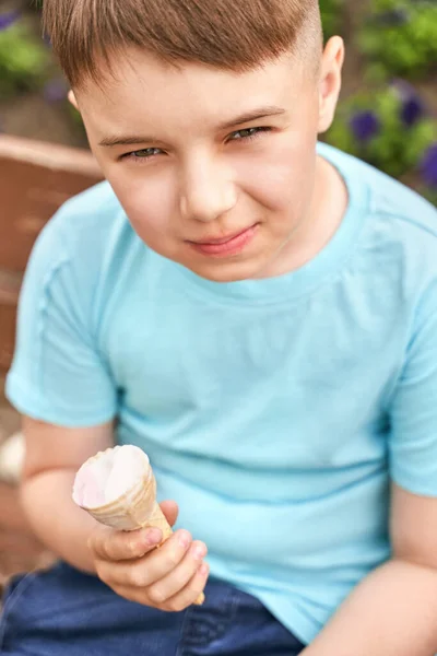 Fajny dzieciak jedzący lody w parku. Koncepcja wakacji. Styl życia w trakcie pobytu — Zdjęcie stockowe