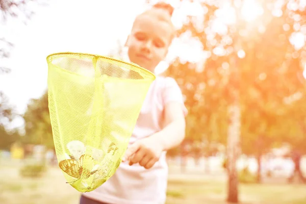 Menina brincando com rede de borboleta. Aventura de verão. Criança feliz — Fotografia de Stock