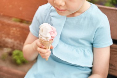 Parkta dondurma yiyen eğlenceli bir çocuk. Tatil konsepti. Kalma yaşam biçimi