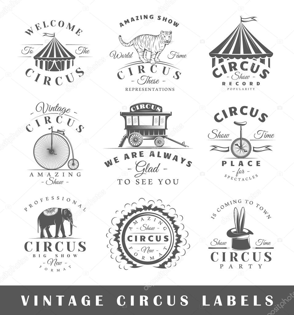 Set of circus labels. Elements for design on the circus theme. Collection of circus symbols: tent, juggler, animals. Modern labels of circus. Emblems and logos of circus. Vector illustration