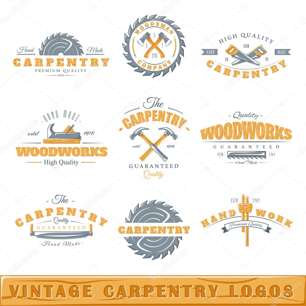 Set of vintage carpentry logos. Posters, stamps, banners and design elements. Vector illustration