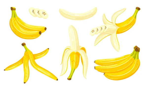 Бананы Стиле Мультфильмов Плоский Дизайн Набор Жёлтых Бананов Изолирован Белом — стоковый вектор