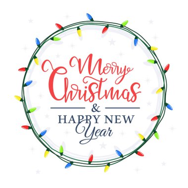 Noel ışığı bir çemberin içinde, içinde beyaz arka planda bir bayram harfi var. Düz stil Noel etiketi. Vektör illüstrasyonu