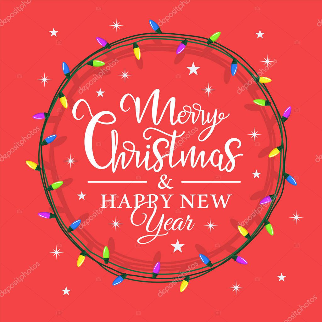 Christmas light is located in a circle, inside there is a holiday lettering on a red background. Christmas card in flat style. Vector illustration