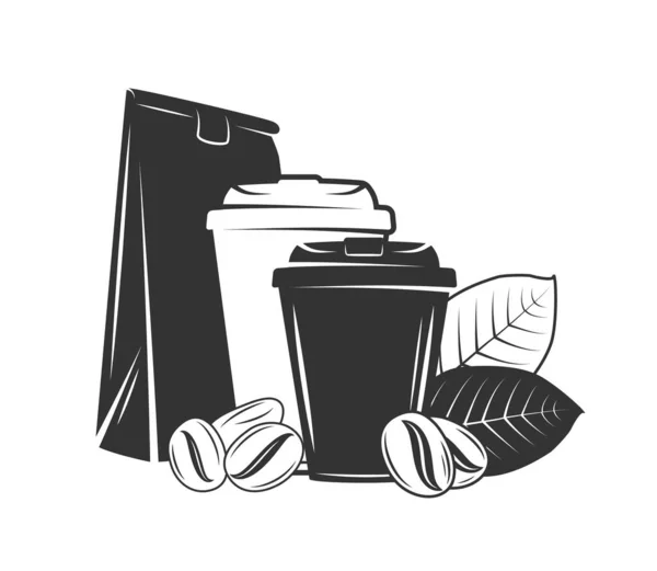 Kávé Készlet Csészék Csomagolás Kávébab Izolált Fehér Alapon Vektorillusztráció — Stock Vector
