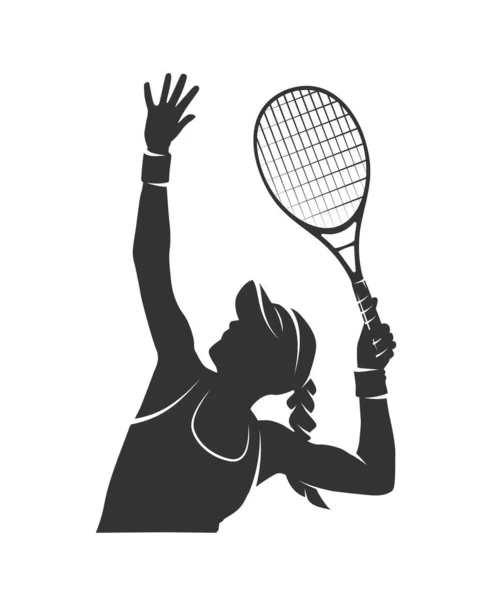 Silhouette Einer Frau Mit Tennisschläger Isoliert Auf Weißem Hintergrund Vektorillustration — Stockvektor