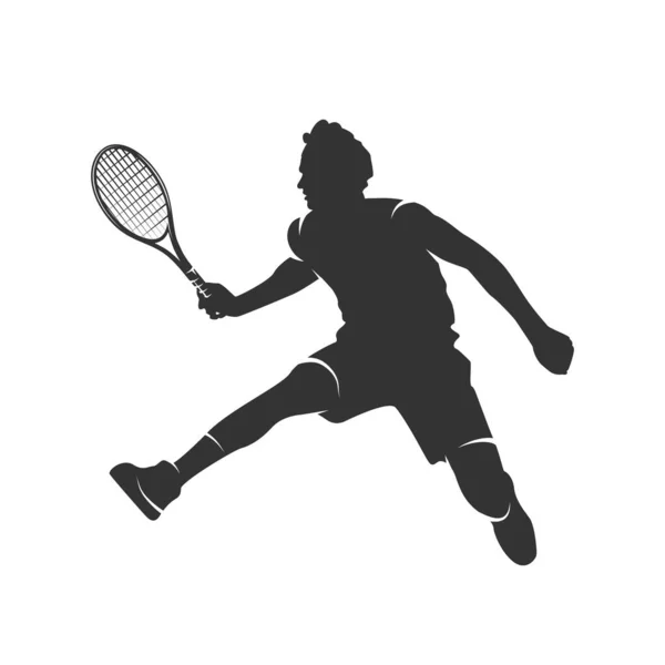 Silhouette Eines Mannes Mit Tennisschläger Isoliert Auf Weißem Hintergrund Vektorillustration — Stockvektor