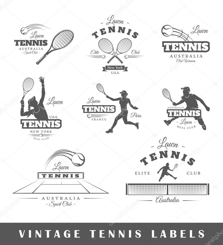 Set of vintage tennis labels. Posters, stamps, banners and design elements. Vector illustration
