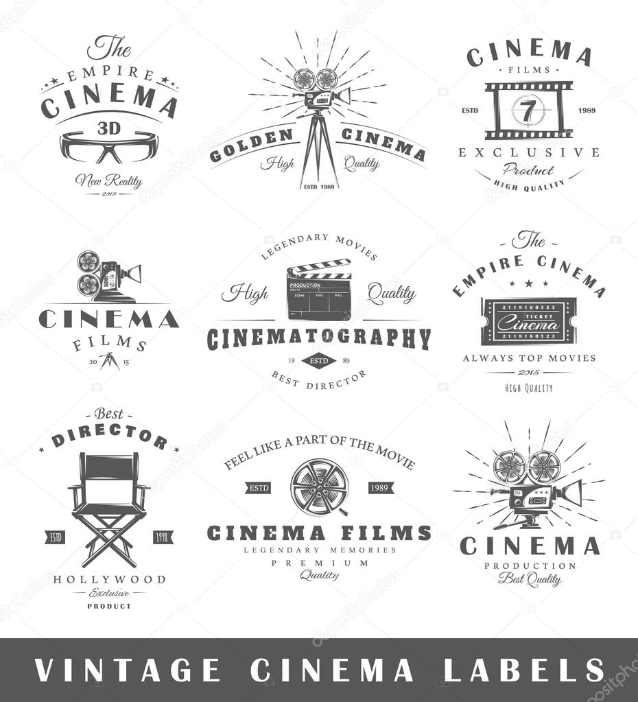 Set of vintage cinema labels. Posters, stamps, banners and design elements. Vector illustration
