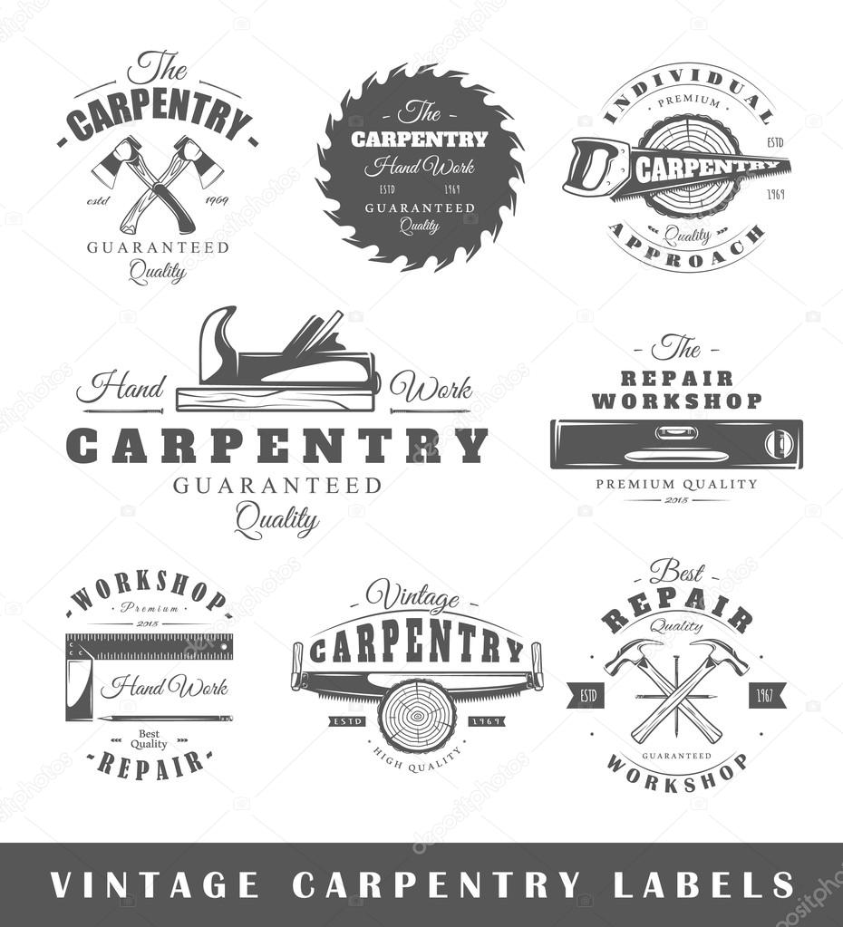 Set of vintage labels carpentry. Posters, stamps, banners and design elements. Vector illustration