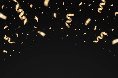 Altın konfeti patlama partisi siyah arka planda izole edildi. Karnaval için düşen altın kurdele, yeni yıl, doğum günü ve festival tasarımı. Beyaz arka planda konfeti. Vektör illüstrasyonu