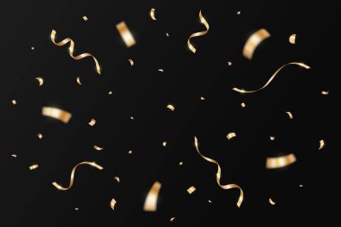 Siyah arka planda izole edilmiş altın konfetileri. Karnaval için düşen altın kurdele, yeni yıl, doğum günü ve festival tasarımı. Beyaz arka planda konfeti patlaması. Vektör illüstrasyonu