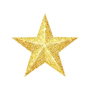 Beyaz arka planda izole edilmiş parıltılı altın yıldız. Lüks şablon, ışık efektli ve ışıltılı kutlama ödüllü beş köşeli gerçekçi yıldız. Vektör illüstrasyonu