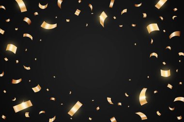 Siyah arka planda izole edilmiş altın konfetileri. Karnaval için düşen altın kurdele, yeni yıl, doğum günü ve festival tasarımı. Şenlikli sıçrama konfeti arka planı. Vektör illüstrasyonu