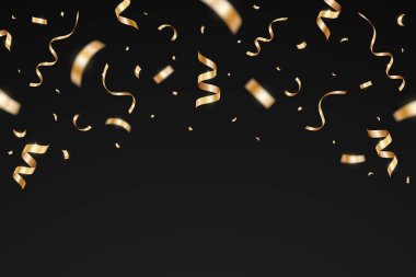 Siyah arka planda altın konfeti kutlaması partisi. Karnaval için düşen altın kurdele, yeni yıl, doğum günü ve festival tasarımı. Beyaz arka planda konfeti patlaması. Vektör illüstrasyonu