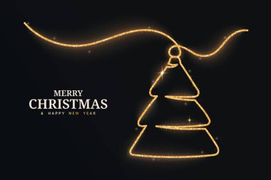 Siyah arka planda izole edilmiş altın parıltılı ağaç çizgisi. Konfetiyle parlayan Noel ağacı. Vektör illüstrasyonu