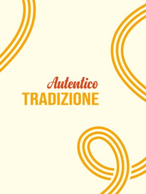 Soyut spagetti dalgaları, sarı eğriler ve mutfak afişleri, restoran posterleri ve modern mutfak arkaplanları için beyaz daireler içeren asgari geometrik tasarım yaratır. Vektör illüstrasyonu