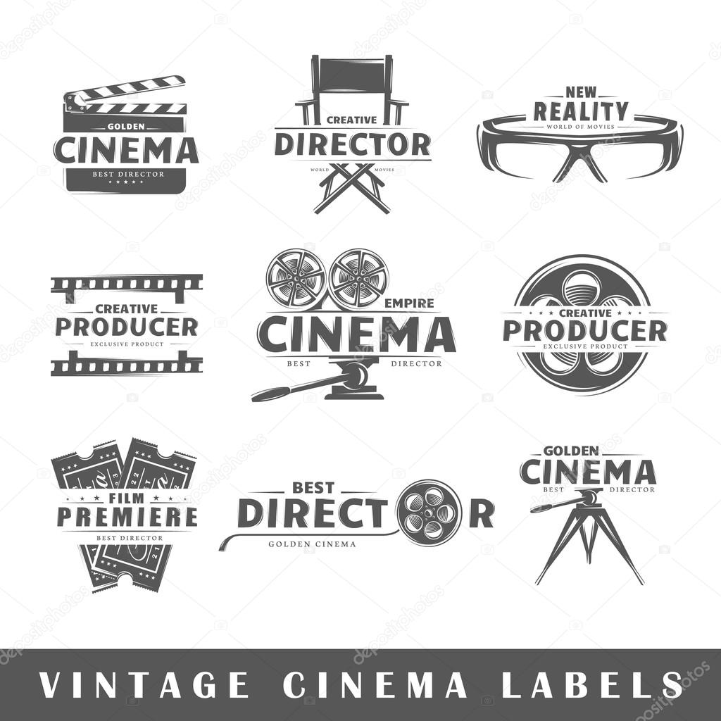 Set of vintage cinema labels. Posters, stamps, banners and design elements. Vector illustration