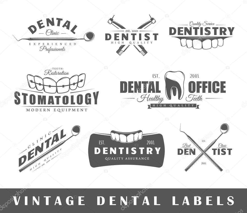 Set of dentist labels. Elements for design on the dentist theme. Collection of dentist symbols: tooth, jaw, dental tools. Modern labels of dentist. Emblems and logos of dentist. Vector illustration