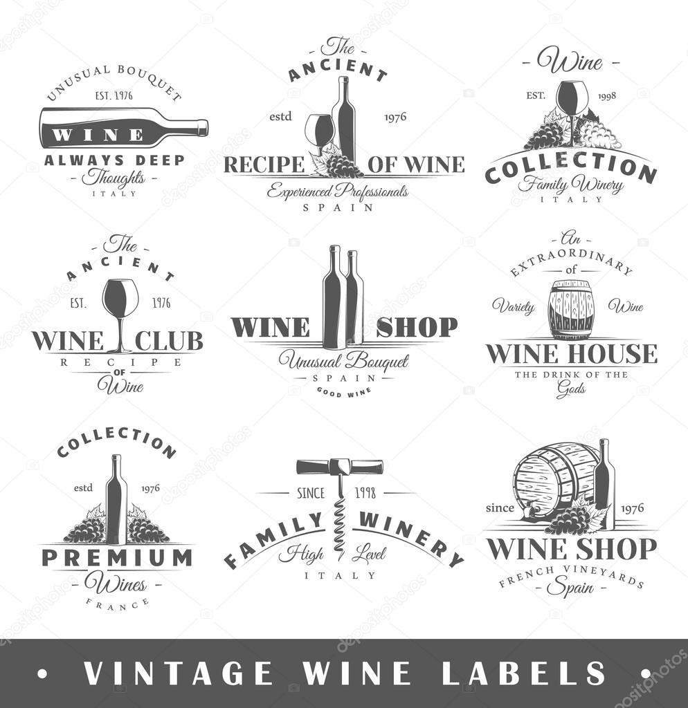 Set of wine labels. Elements for design on the wine theme. Collection of wine symbols: grape, bottle, barrel. Modern labels of wine. Emblems and logos of wine. Vector illustration