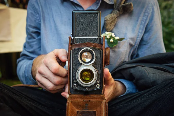 Close Portrait Man Holding Vintage Camera Retro Shooting Photographer Taking — Stock Photo, Image