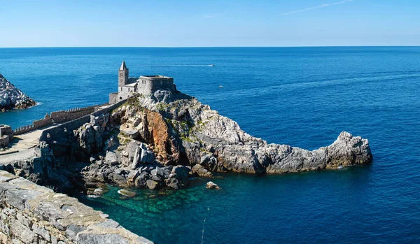 Panoramic Landscape San Pietro Church Cliff Doria Castle Portovenere Liguria — Stock Photo, Image