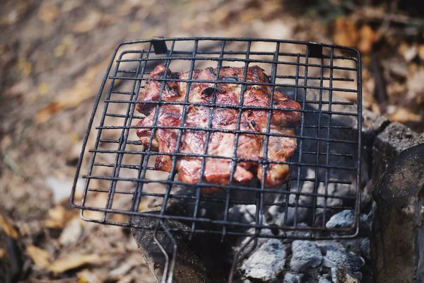 Porco Assado Uma Grelha Carvão Para Jantar — Fotografia de Stock