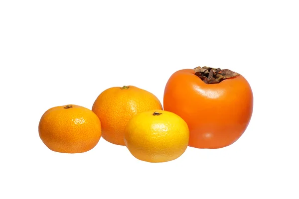 Fruits. Three mandarin and persimmon. — Stock Photo, Image