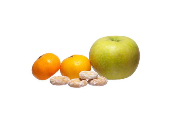 Cookies, two mandarin and green apple. — Stock Photo, Image