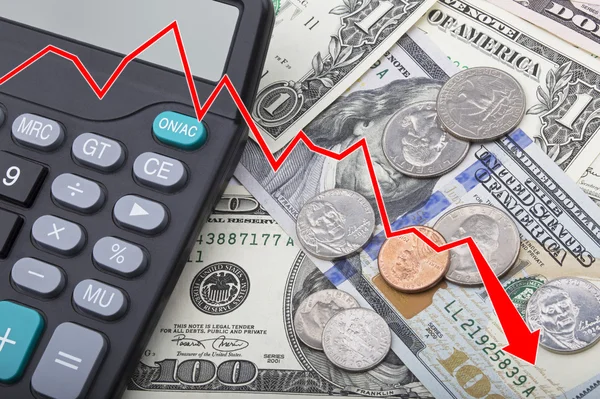 Graph showing USD bank notes with coins and a calculator — Stock Photo, Image