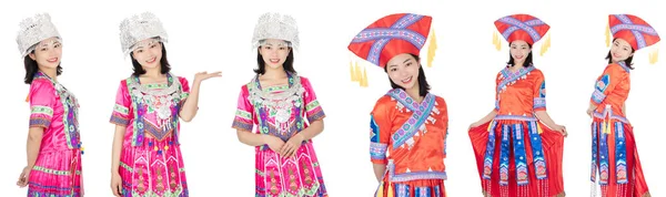Mooie Chinese Vrouw Gekleed Traditionele Chinese Tujia Zhuang Etnische Kostuums — Stockfoto