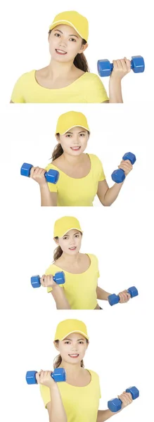 Mulher Americana Chinesa Bonita Trabalhando Fora Usando Pesos Dumbbell Isolado — Fotografia de Stock