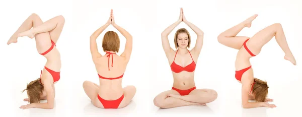 Kaukasische Tiener Prakting Yoga Een Rode Bikini Geïsoleerd Een Witte — Stockfoto