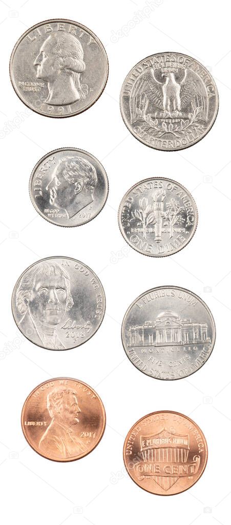 Front and back of the four most common American coins,quarter, dime, nickle,penny isolated on a white background