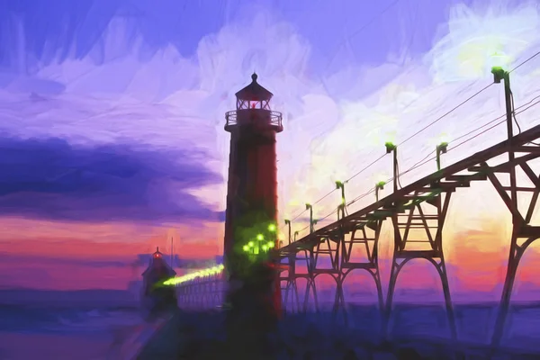 Ιμπρεσιονιστής ζωγραφικής του ηλιοβασιλέματος στο φάρο του μεγάλου λιμανιού στο μεγάλο λιμάνι Μίτσιγκαν ΗΠΑ — Φωτογραφία Αρχείου
