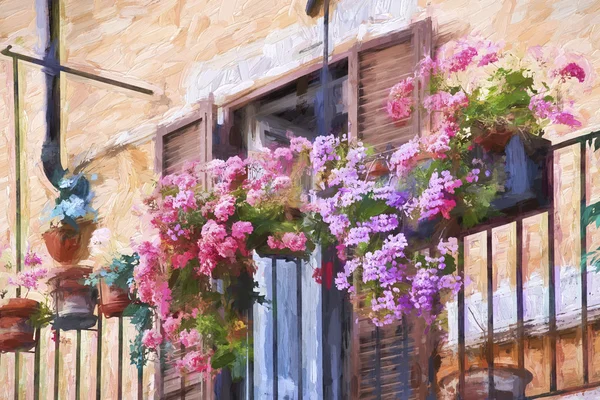 Art impressionniste de fleurs décorant le balcon d'une maison à Rome Italie — Photo