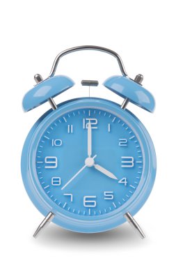 Blue alarm clock with the hands at 4 am or pm isolated on a white background, One of a set of 12 images showing the top of the hour starting with 1 am / pm and going through all 12 hours
