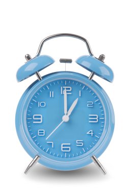 Blue alarm clock with the hands at 1 am or pm isolated on a white background, One of a set of 12 images showing the top of the hour starting with 1 am / pm and going through all 12 hours
