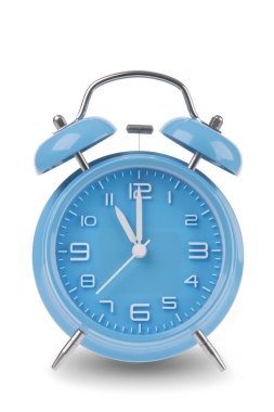 Blue alarm clock with the hands at 11 am or pm isolated on a white background, One of a set of 12 images showing the top of the hour starting with 1 am / pm and going through all 12 hours