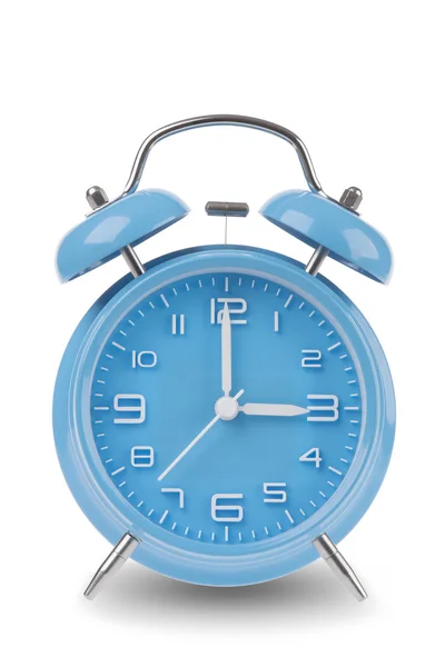 Blue alarm clock with the hands at 3 am or pm isolated on a white background, One of a set of 12 images showing the top of the hour starting with 1 am / pm and going through all 12 hours — Stockfoto