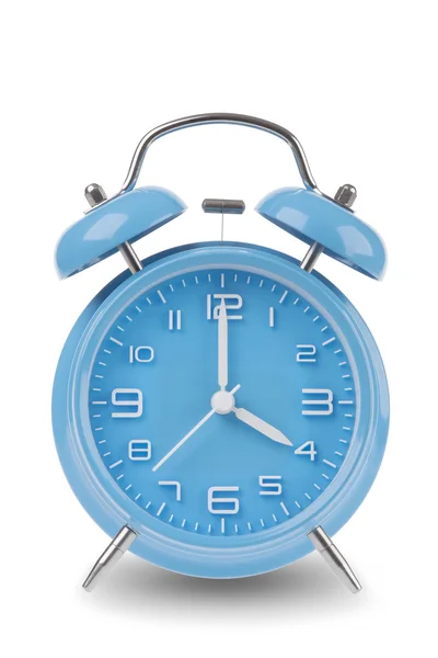 Blue alarm clock with the hands at 4 am or pm isolated on a white background, One of a set of 12 images showing the top of the hour starting with 1 am / pm and going through all 12 hours — Stock Photo, Image