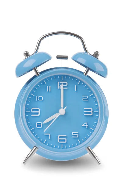 Blue alarm clock with the hands at 8 am or pm isolated on a white background, One of a set of 12 images showing the top of the hour starting with 1 am / pm and going through all 12 hours — Stockfoto