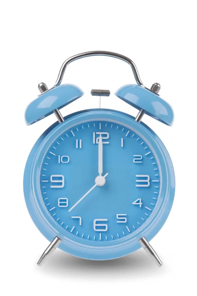 Blue alarm clock with the hands at 12 am or pm midnight or noon isolated on a white background, One of a set of 12 images showing the top of the hour starting with 1 am / pm and going through all 12 hours — Stock fotografie