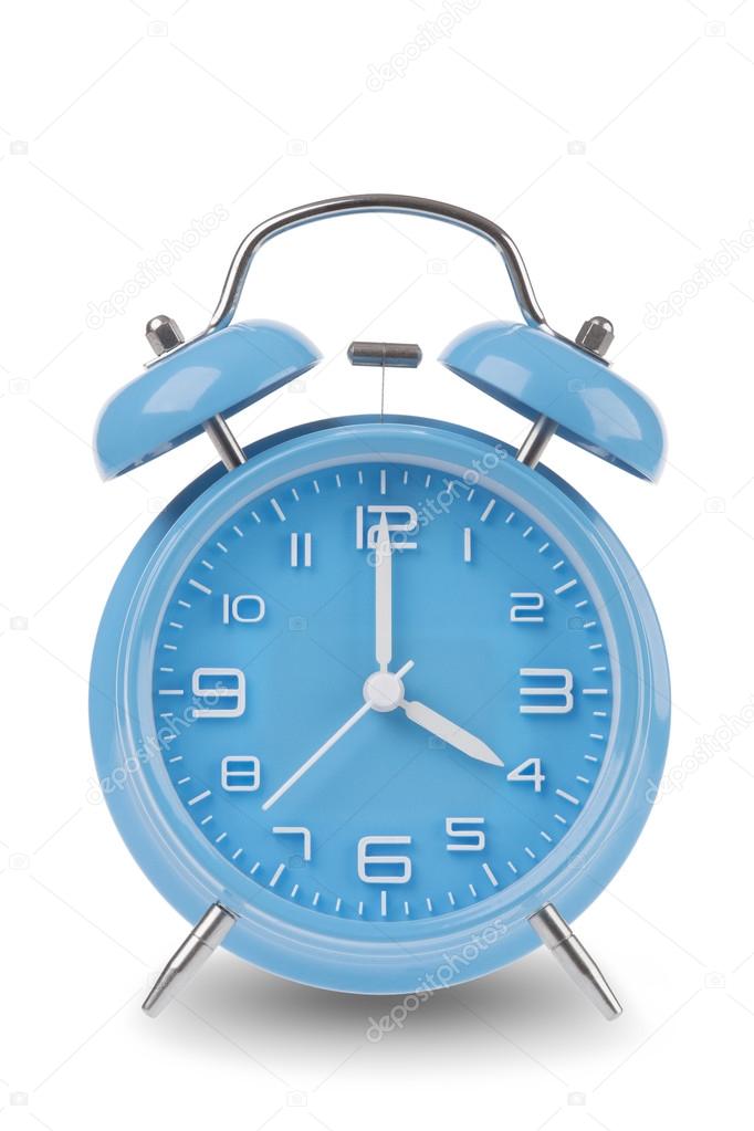 Blue alarm clock with the hands at 4 am or pm isolated on a white background, One of a set of 12 images showing the top of the hour starting with 1 am / pm and going through all 12 hours